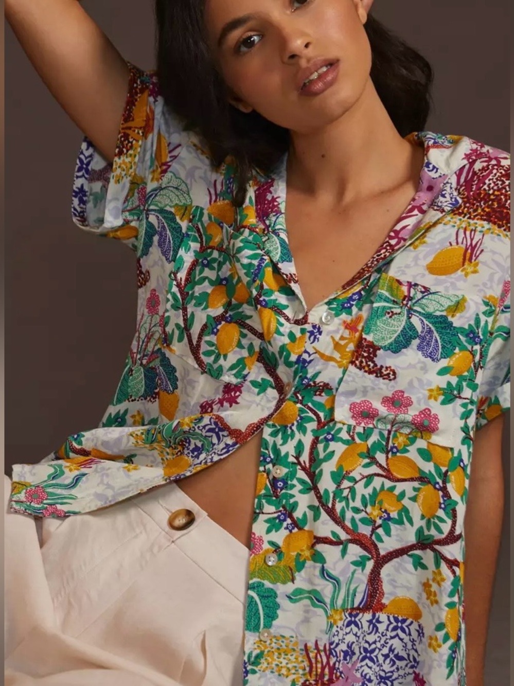 Maeve Anthropologie Classic Surf Shirt XL Lemon Botanical Print Button Down